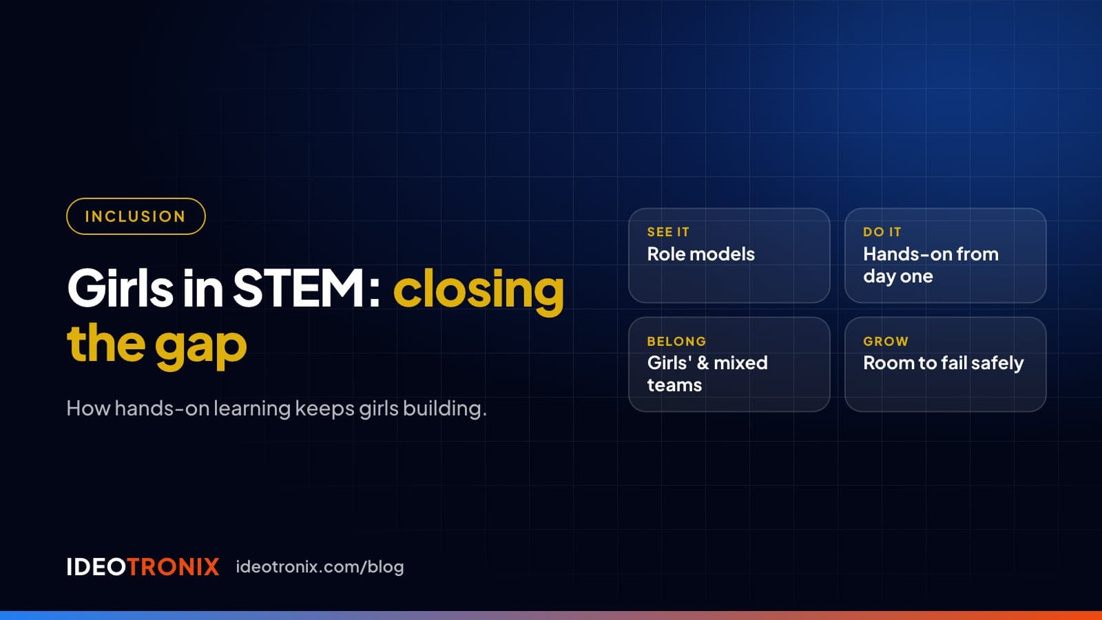 Slide titled Girls in STEM: closing the gap, listing role models, hands-on from day one, girls' and mixed teams, and room to fail safely