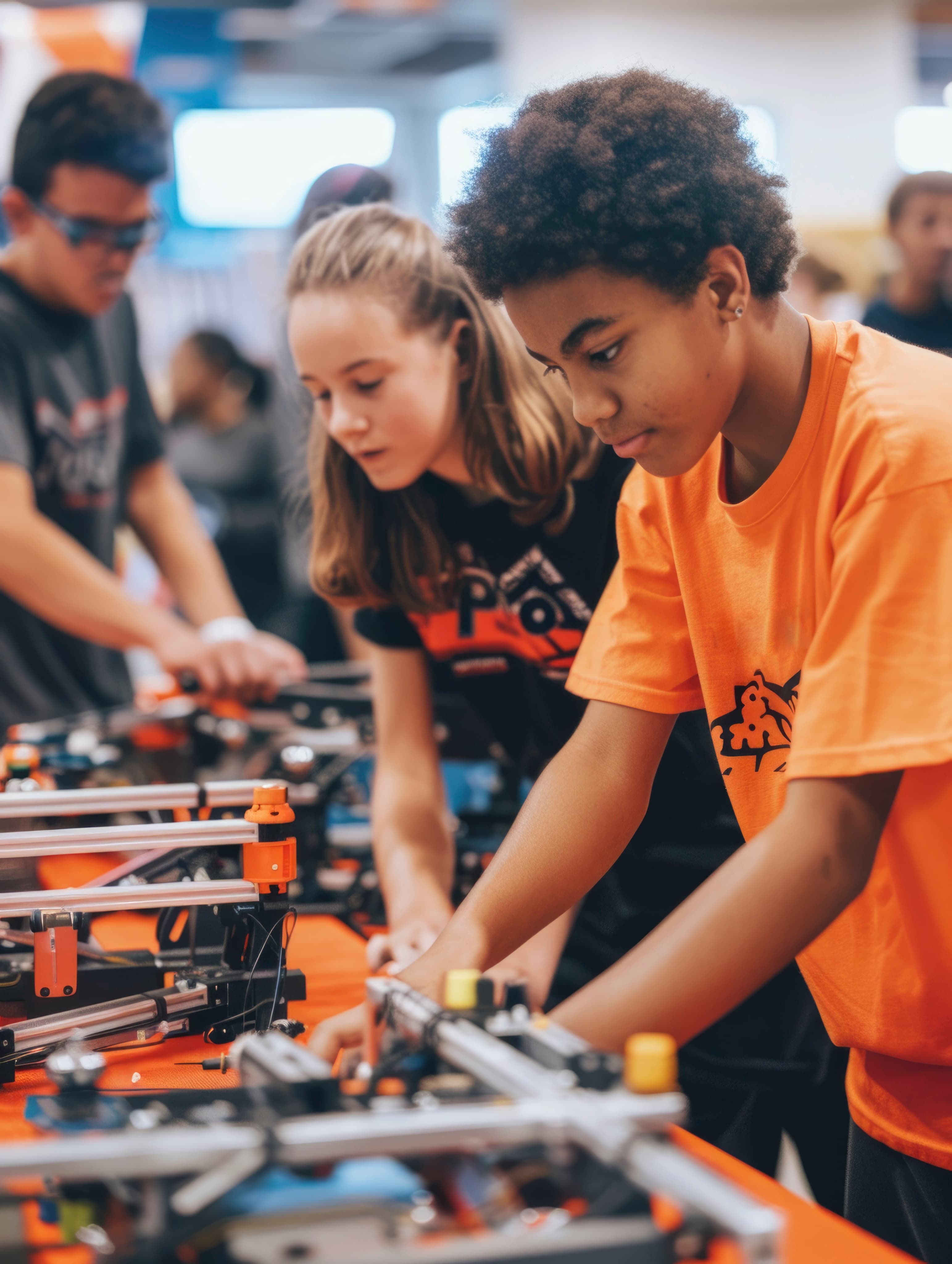 Students building robots together at a robotics competition table