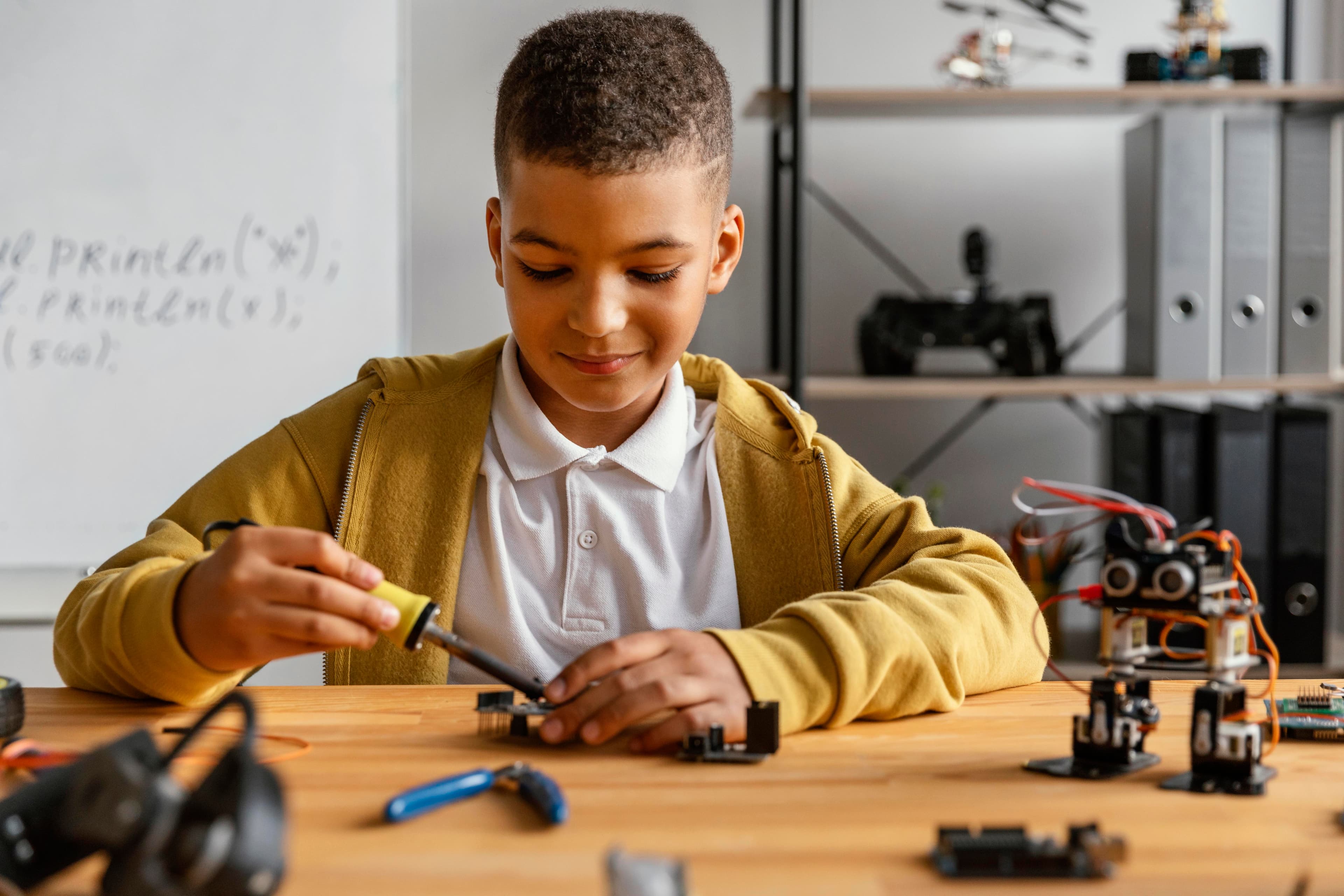 Student building a robot with a screwdriver during a hands-on STEM camp